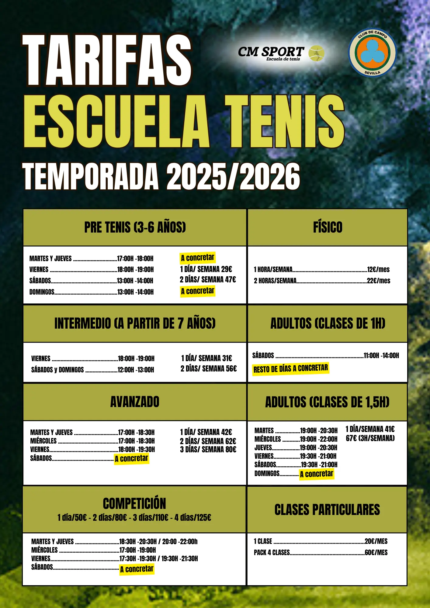 CM Sport Tarifas Escuela de Tenis 2025-26 Temporada 2023-24